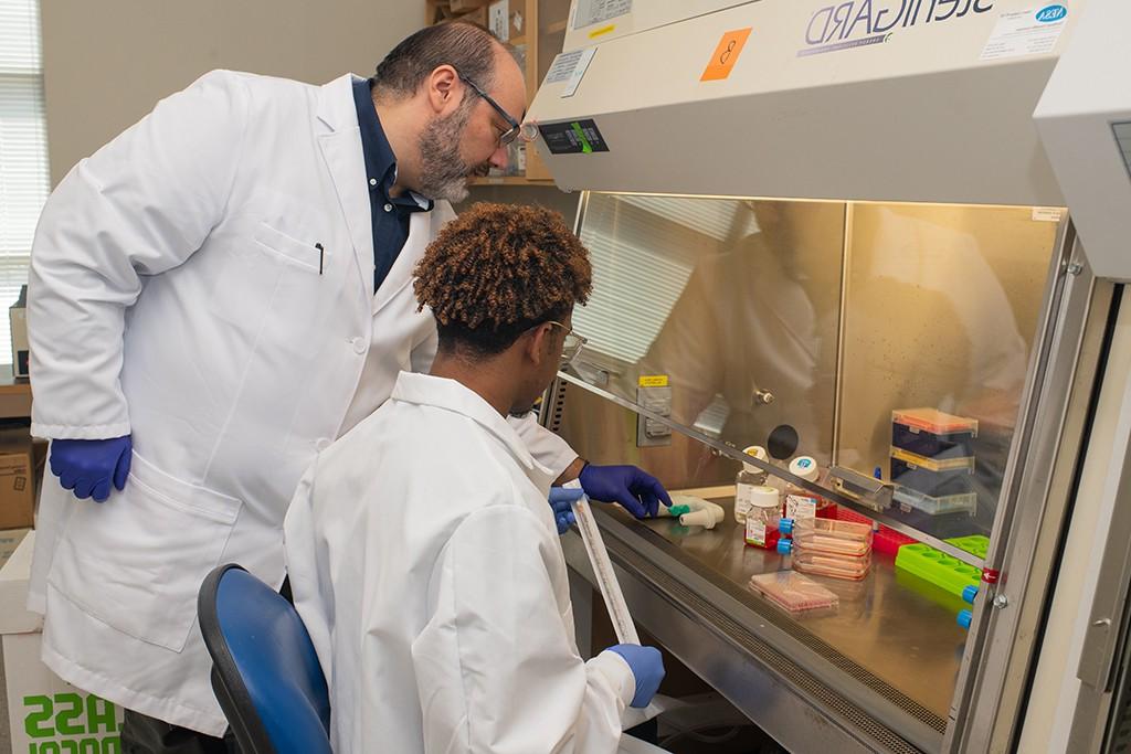 A student and professor working in a lab on research together