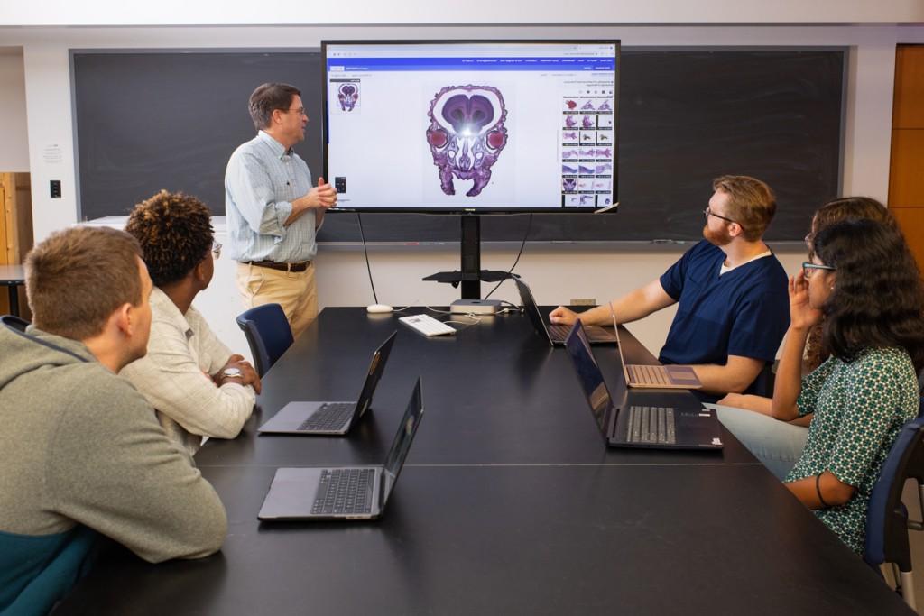 一位解剖学教授站在有4名学生的教室前面，站在有解剖学图像的屏幕前