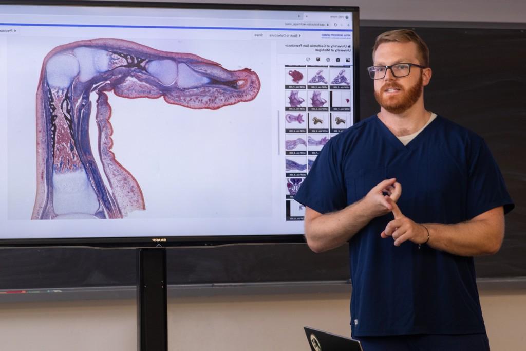 教室里，一名学生站在幻灯片前，上面放着解剖图像