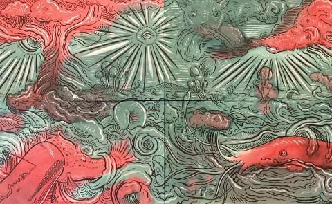 A green and red drawing of oceans and sea creatures